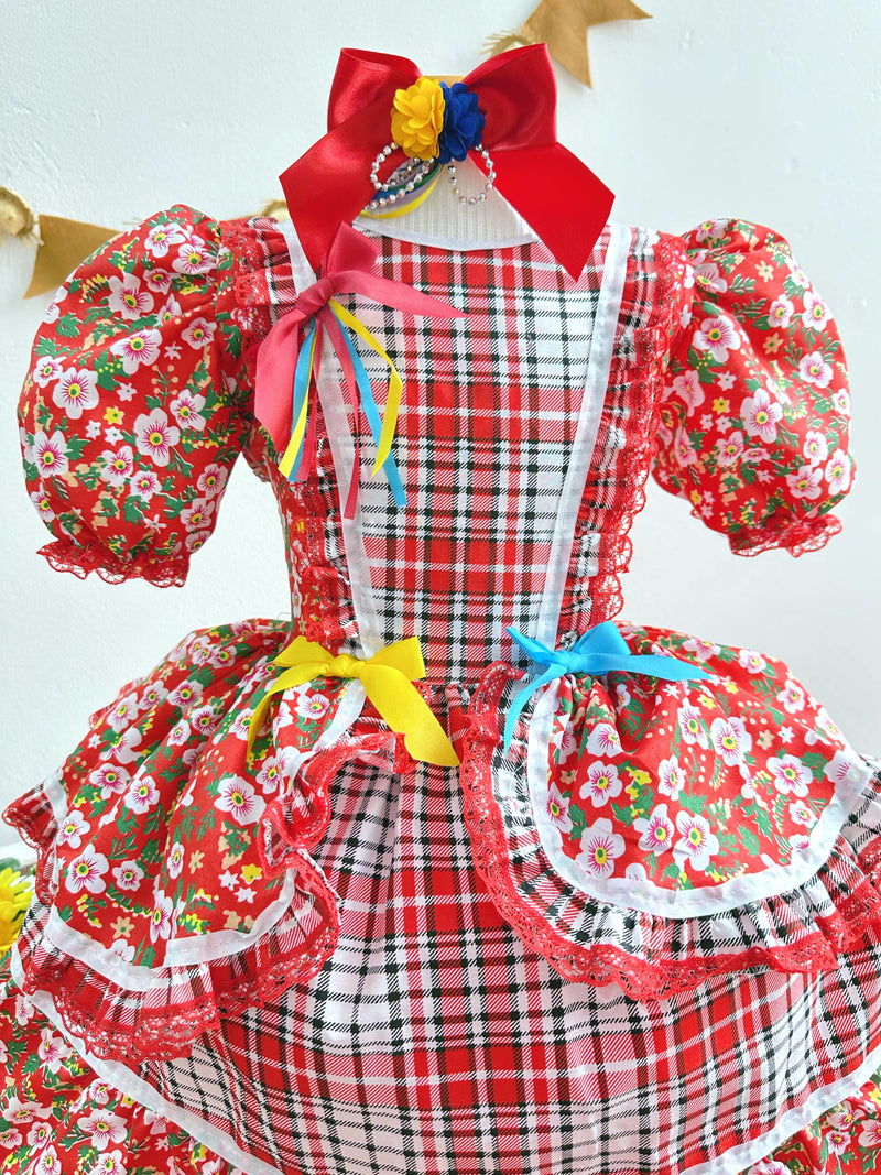 Fantasia Infantil Junino Vermelho Xadrez Colorido Florzinhas