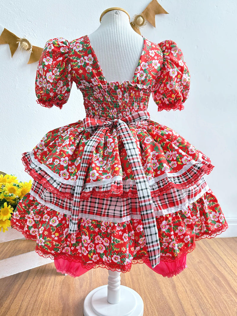 Fantasia Infantil Junino Vermelho Xadrez Colorido Florzinhas